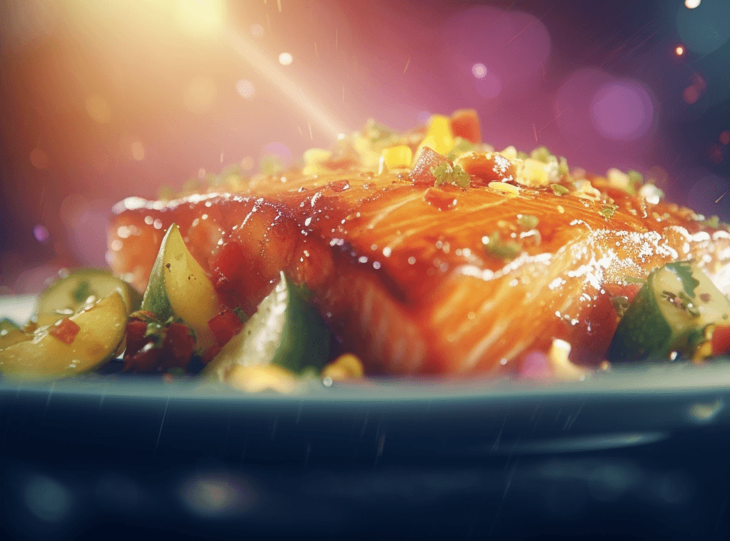 Spicy Maple Glazed Salmon with Roasted Vegetables.